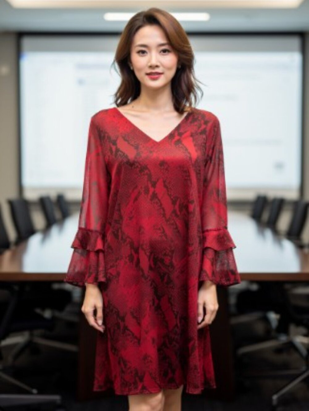 Calvin Klein Red and Black Snakeskin Print Mini Shift Flutter Sleeve Size 16 EUC
